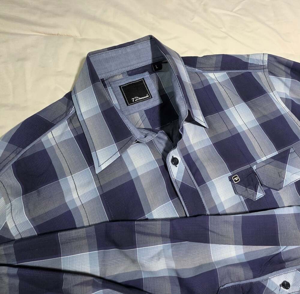 7 Diamonds Plaid Button-Down Shirt Size L Blue
